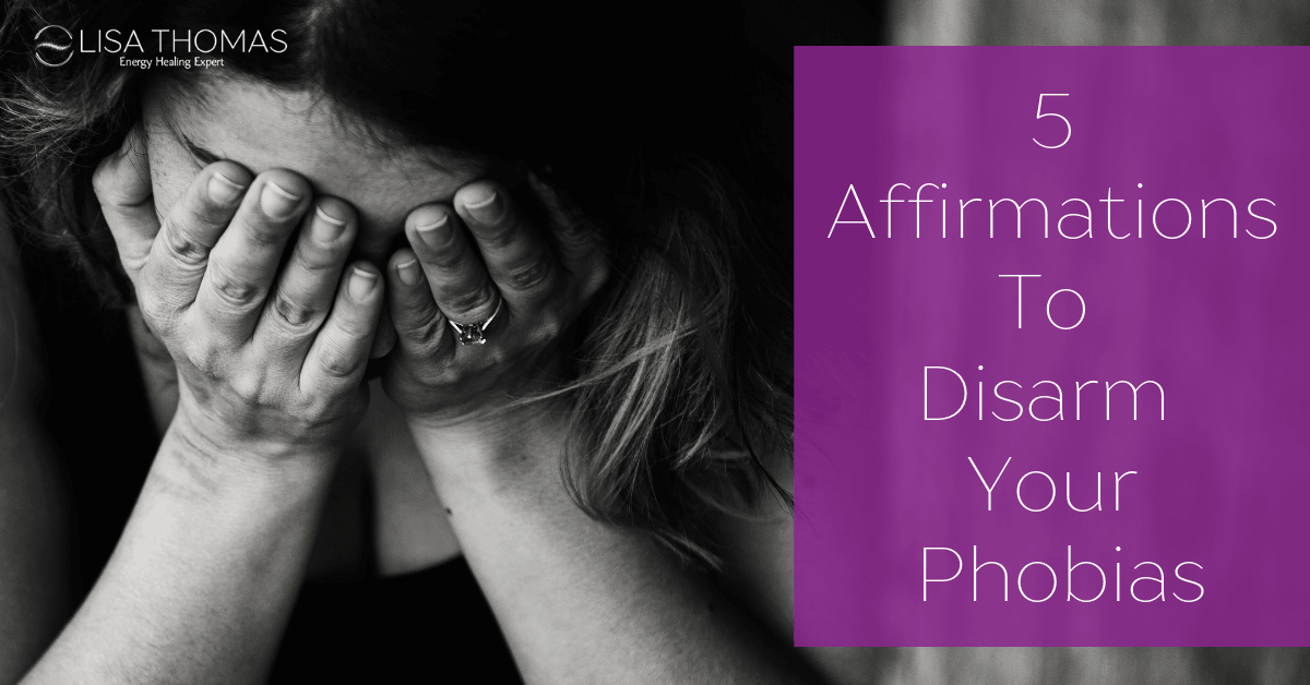 "5 Affirmations To Disarm Your Phobias" - a black and white image of a woman with head down and hands over her face