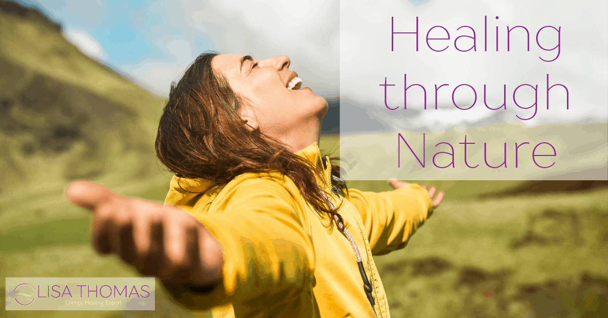 "Healing through Nature" - background is a woman in a yellow jacket looking up at the sun with arms wide.