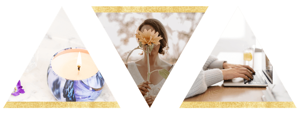 3 Triangles images: 1 burning candle, 1 woman holding a flower in front of her face, and 1 person typing on a laptop