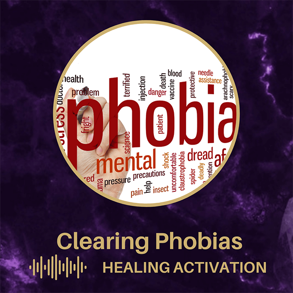 A word cloud of words relating to phobias. Below is the title "Clearing Phobias - Healing Activation"